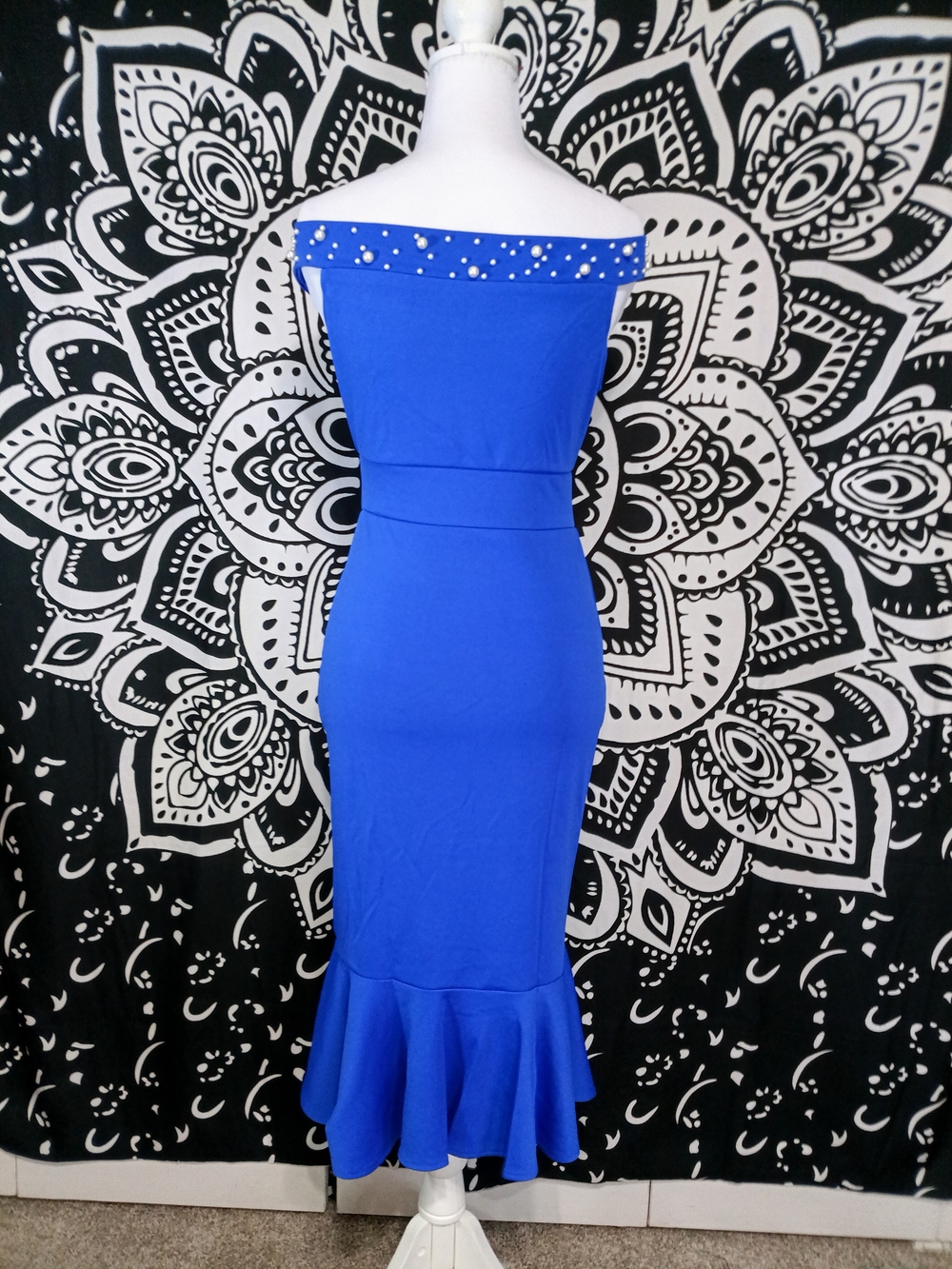 Off-the-Shoulder Royal Blue Midi Dress with Pearl Trim - Picture 5 of 5